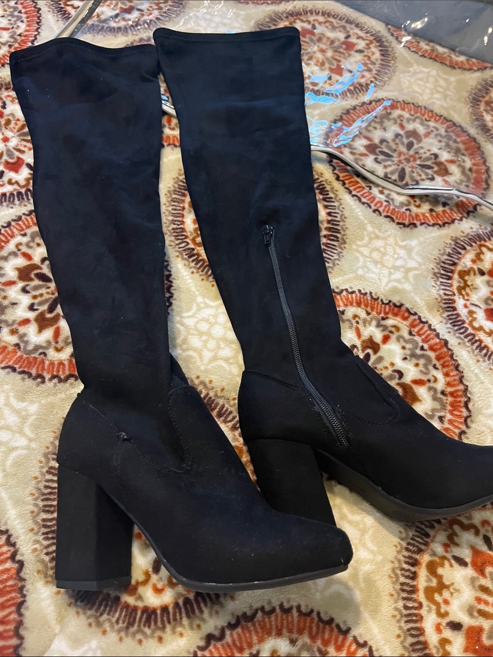 Women's Black Over-the-Knee Block Heel Boots - Zip Side